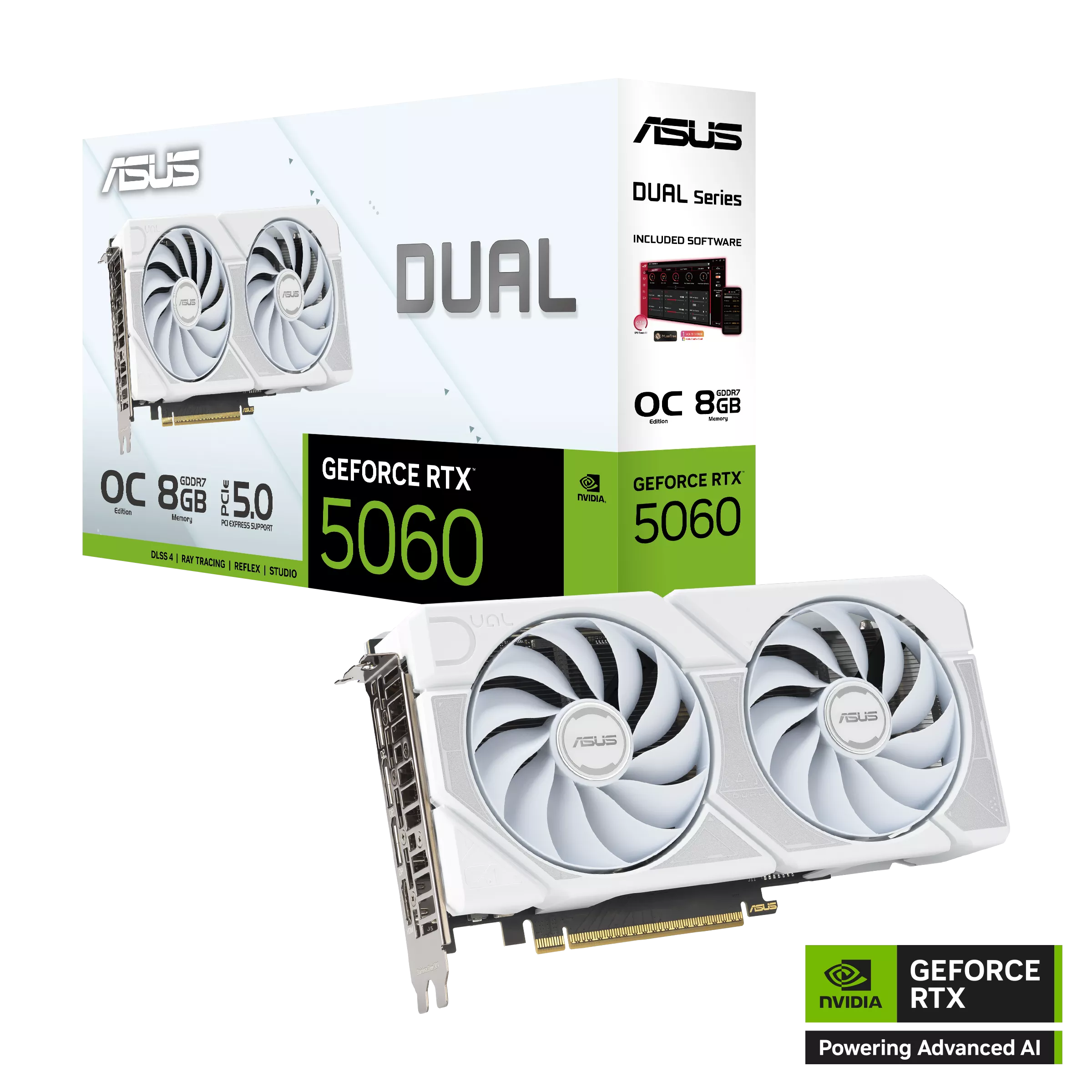 ვიდეო ბარათი ASUS Dual GeForce RTX™ 5060 White OC Edition 8GB GDDR7 (90YV0N15-M0NA00) | DUAL-RTX5060-O8G-WHITE | OC mode: 2565MHz Default mode: 2535MHz (Boost Clock) | 1 (Native HDMI 2.1b), 3 (Native DisplayPort 2.1b)