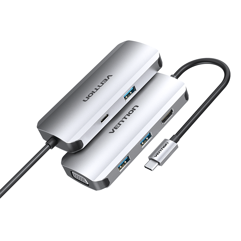 Type-C კონვერტერი/ადაპტერი  Vention  Model/Item-NO:  <THCHB >  Multi-function Type-C to HDMI /VGA / USB3.0*3/PD Docking Station 0.15m Gray Metal Type