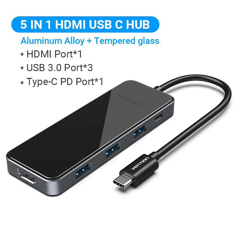 Type-C დოკ სადგური Docking Station Vention  Model/Item-NO:  <THPBB > Multi-function Type-C to HDMI/USB3.0*3/PD Docking Station 0.15m Gray Metal Type