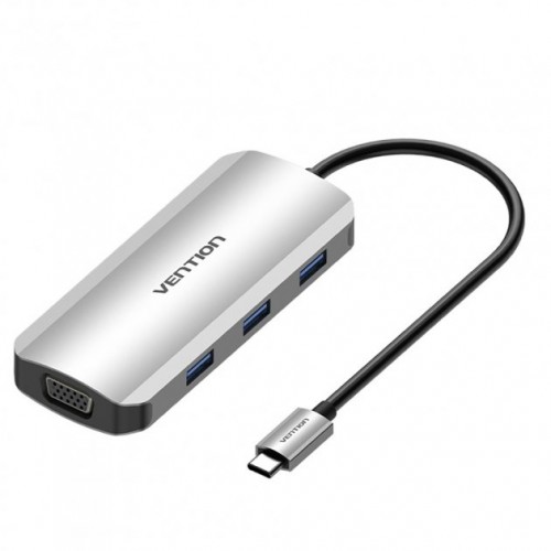 Type-C დოკ სადგური Docking Station Vention  Model/Item-NO:  <TOIHB > USB-C to HDMI/VGA/USB 3.0x3/PD Docking Station 0.15M Gray Aluminum Alloy Type