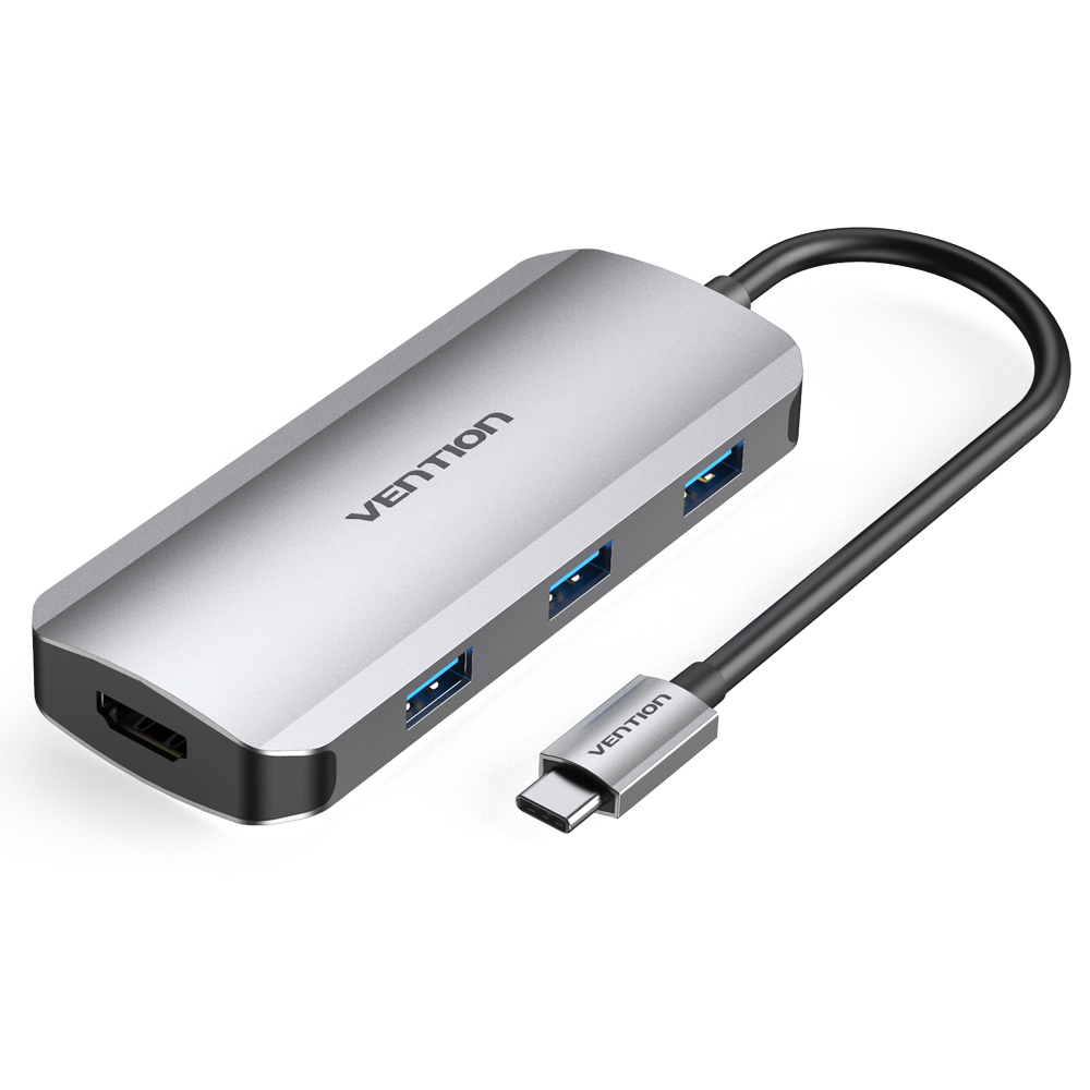 Type-C დოკ სადგური Docking Station Vention  Model/Item-NO:  <TOFHB >USB-C to HDMI/USB-C Gen 1/USB 3.0x3/PD Docking Station 0.15M Gray Aluminum Alloy T