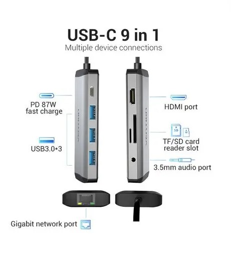 Type-C კონვერტერი/ადაპტერი  Vention  Model/Item-NO:  <TOKHB >  Multi-function USB-C to HDMI/USB3.0x3/RJ45/SD/TF/PD Docking Station 0.15M Gray Aluminum