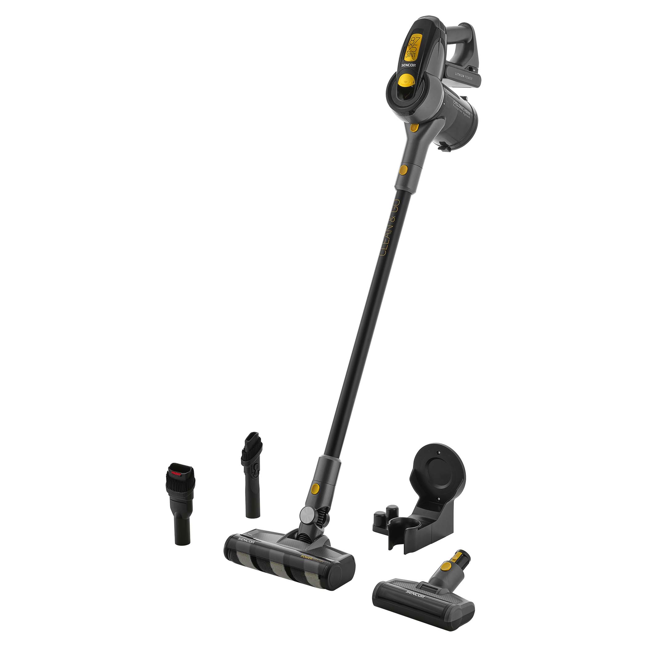 მტვერსასრუტი SENCOR SVC 8725GD Cordless Stick Vacuum Cleaner | 3 -in-1 stick vacuum cleaner with detachable handheld unit | long-lasting digital motor with 400W of power | Powerful 25.2V Li-ion battery with a high capacity of 2,500 mAh 