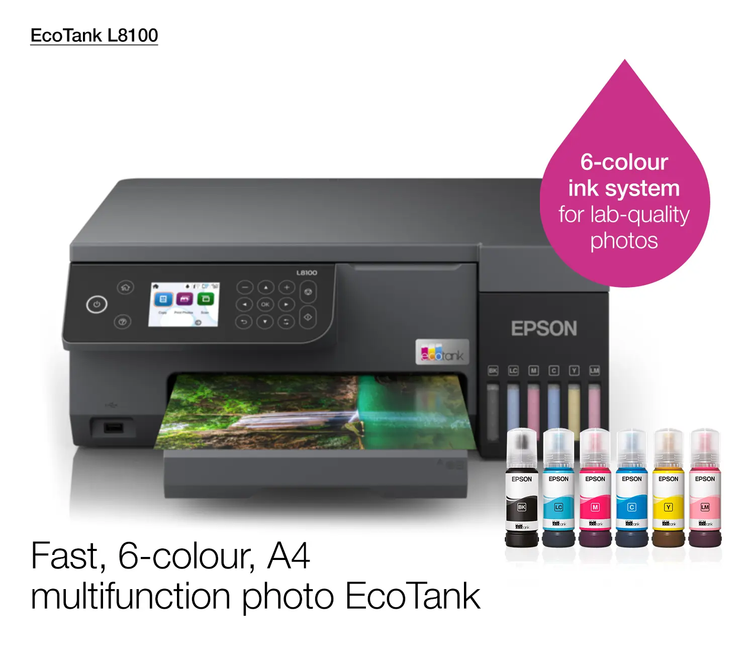 ფოტო პრინტერი Epson C11CK94401 EcoTank L8100 | 6-colour, fast, A4 3-in-1 printer | 22 pages/min Monochrome (plain paper 75 g/m²), 22 pages/min Colour (plain paper 75 g/m²) | Borderless Print, CD/DVD print | Wireless LAN IEEE 802.11a/b/g/n, Wi-Fi Direct  | ink 108 | Black 