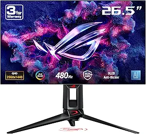მონიტორი ROG Swift OLED PG27AQDP gaming monitor ― 27-inch (26.5-inch viewable) WOLED panel, 480 Hz (above 360Hz), 0.03 ms (GTG), G-SYNC® compatible, custom heatsink, ASUS OLED Care+, AI Assistant, VESA DisplayHDR™ 400 True Black, uniform brightness, 99% DCI-P3, true 10-bit color, and DisplayWidget Center