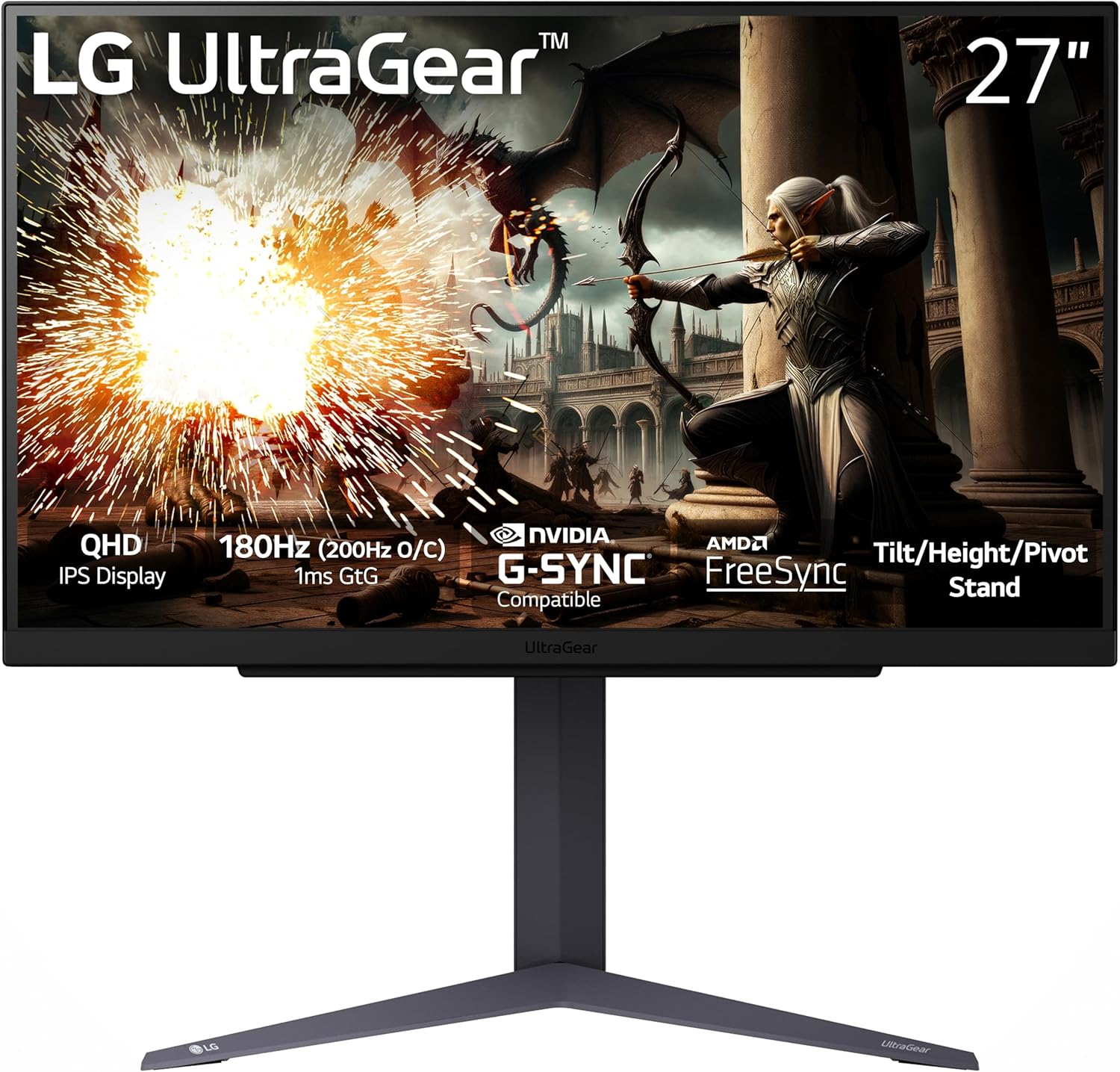 მონიტორი LG 27GS75Q-B 27-inch Ultragear QHD (2560x1440) Gaming Monitor, 180Hz (O/C 200Hz), 1ms, IPS, NVIDIA G-SYNC Compatible, AMD FreeSync, HDR10, Tilt/Height/Pivot Stand, HDMI, DisplayPort, Black