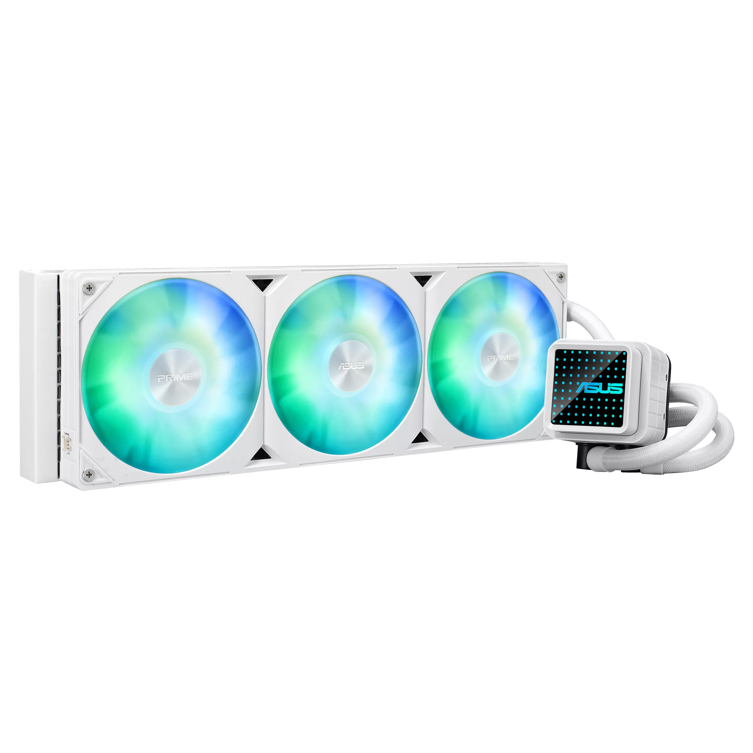წყლის გაგრილება ASUS Prime LC 360 ARGB White Edition (90RC0102-B0EAY0) | all-in-one CPU liquid cooler with vast CPU contact area and finned channels, water block with infinity mirror lens options, integrated ARGB fans and Aura lighting.