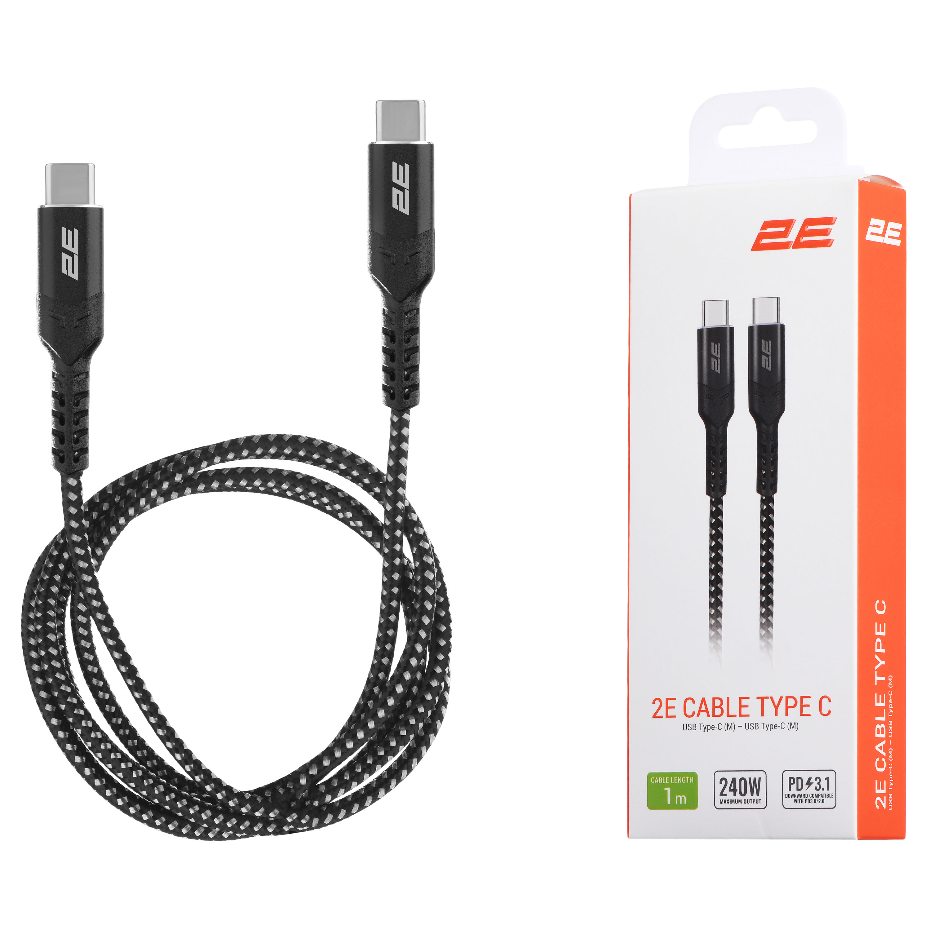 კაბელი 2E Сable USB-C > USB-C charge/data, 1m, 240W Type-C, Aluminum Shell, black (2E-CCCCAL-WH)