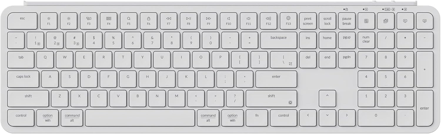 უსადენო კლავიატურა Keyboard Keychron B6 Pro, USB/WL/BT, ivory white (B6P-K8) | Number of Keys: 109 (100%) Number of Multimedia Keys: 17 Body Material: ABS Keycap Material: ABS Layout: ANSI  Polling Rate 1000 Hz (2.4 GHz & Wired) / 90 Hz (Bluetooth) Backlight: Non-Backlit NKRO Support: No | Battery: 800 mAh (7.4Wh) rechargeable li-polymer battery (Nominal Charge Current: 3.7V) Wireless  Working Time: Up to 8 months (Lab test result may vary by actual use) Charging Time: Around 2.5 hours  Connection: 2.4 GHz / BT / Type-C Wired Bluetooth version: 5.2 Bluetooth Device Name: Keychron B6 Pro Compatible System: macOS / Windows / Linux | Dimension: 429 x 130 mm (16.89 x 5.11") Weight: 623 g / 1.37 lbs Height (front): 5.2 mm (0.2") Height (rear): 14.5 mm (0.57") Typing Angle: 3.2º