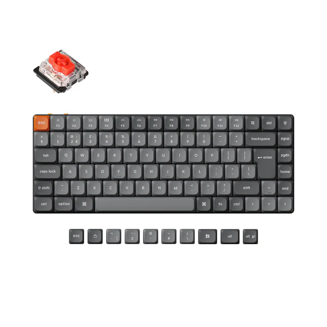 უსადენო მექანიკური კლავიატურა Mechanical keyboard Keychron K3 MAX 84Key, K pro Red, WL/BT/USB-A, Hot-swap, QMK, EN, RGB  (K3M-H1) | Number of Keys: 84 (75%) Switches: Gateron low-profile mechanical Switch Face: North-facing Number of Multimedia Keys: 12  Case Material: ABS+Aluminum frame Keycap Material: Low-profile double-shot PBT Layout: ISO Polling Rate (2.4Ghz and Wired Mode): 1000Hz Polling Rate (BT Mode): 90Hz N-Key Rollover (NKRO): Yes for both wireless and wired modes | Backlit: 22 types of RGB backlight options plus endless possibilities Battery: 1550 mAh rechargeable li-polymer battery Wireless  Working Time (Backlit off): Around 73 hours (Lab test result may vary by actual use) Wireless  Working Time (RGB): Around 42 hours (Lowest brightness) Connection: 2.4 GHz / Bluetooth / Type-C wired Bluetooth version: 5.1 Bluetooth Device Name: Keychron K3 Max Compatible System: macOS / Windows / Linux | Dimension: 306 x 116 mm (12.04 x 4.56") Weight: 525 g / 1.16 lbs Height without keycap (front): 11 mm (0.43") Height without keycap (rear): 15 mm (0.59") Height incl. keycap (front): 17 mm (0.66") Height incl. keycap (rear): 22 mm (0.86") Typing Angle: 2.5º, 4.2º and 6.5º