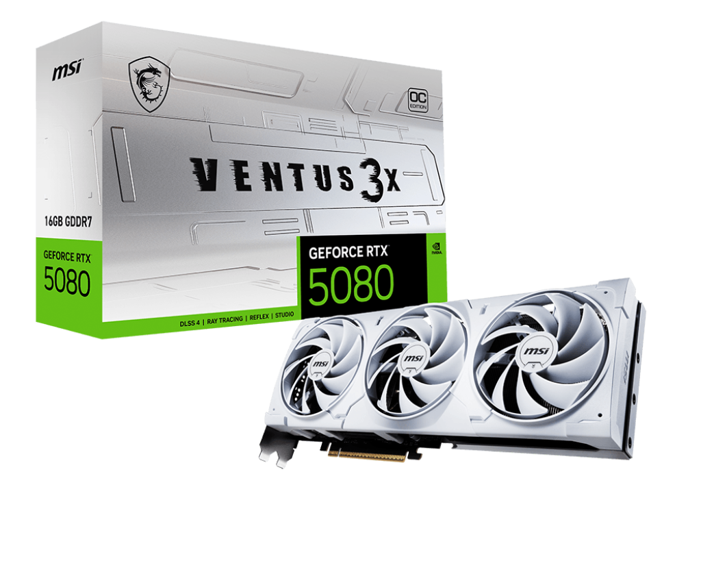 ვიდეო ბარათი MSI Graphic Card GeForce RTX 5080 16GB GDDR7 VENTUS 3X OC WHITE (912-V531-062) | 2655 MHz (MSI Center) Boost: 2640 MHz | DisplayPort x 3 (v2.1b) HDMI™ x 1