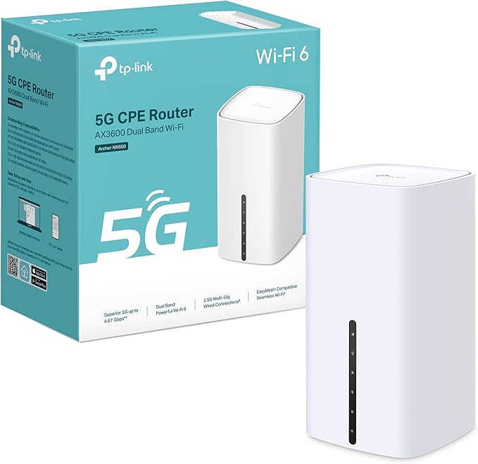 5G WiFi როუტერი TP-link Archer NX600 5G AX3600 Wireless Dual-Band 2.5 Gig Router | download speeds up to 4.67 Gbps | Dual-Band Wi-Fi 6 Speed - 2402 Mbps (5 GHz) + 1148 Mbps (2.4 GHz) | Enjoy 5G network right after inserting a SIM card | 2.5 Gbps WAN/LAN Port |  2 × External SMA-F Antenna Interface | 8 × 5G/LTE Internal Antennas 2 × Wi-Fi Internal Antennas