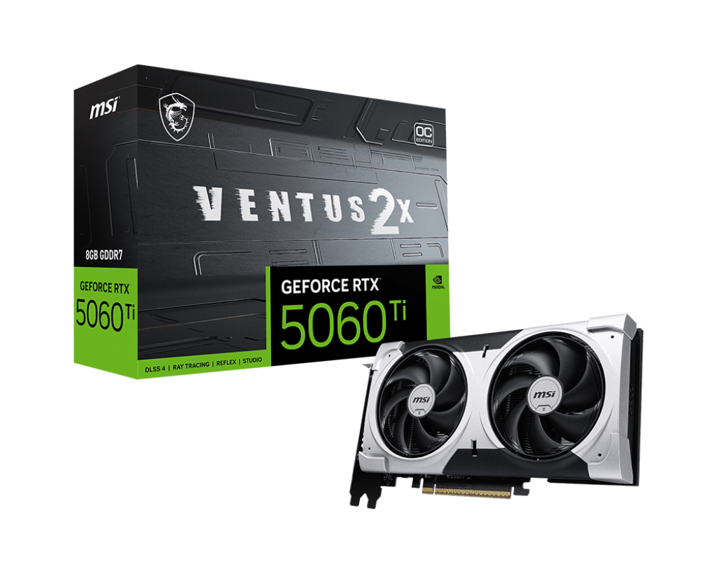 ვიდეო ბარათი MSI GeForce RTX 5060 Ti 8G VENTUS 2X OC PLUS (912-V536-001) | 2617 MHz (MSI Center) Boost: 2602 MHz | DisplayPort x 3 (v2.1b) HDMI™ x 1