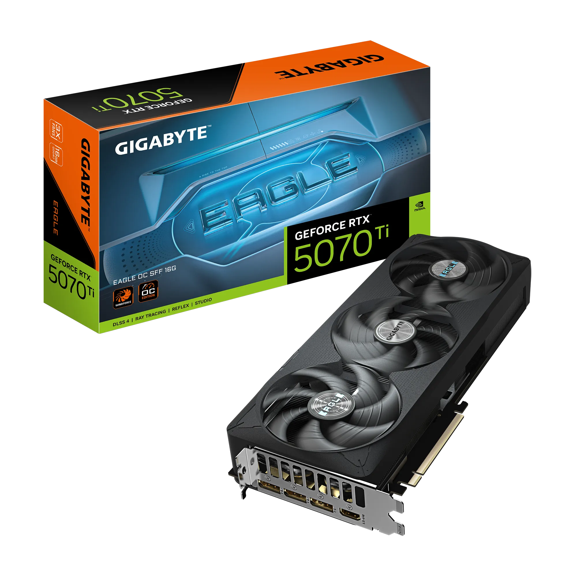 ვიდეო ბარათი GIGABYTE GeForce RTX™ 5070 Ti EAGLE OC SFF 16G (GV-N507TEAGLE OC-16GD) | 2542 MHz (Reference: 2452 MHz) | DisplayPort 2.1b x3 HDMI 2.1b x1 | L=304 W=126 H=50 mm