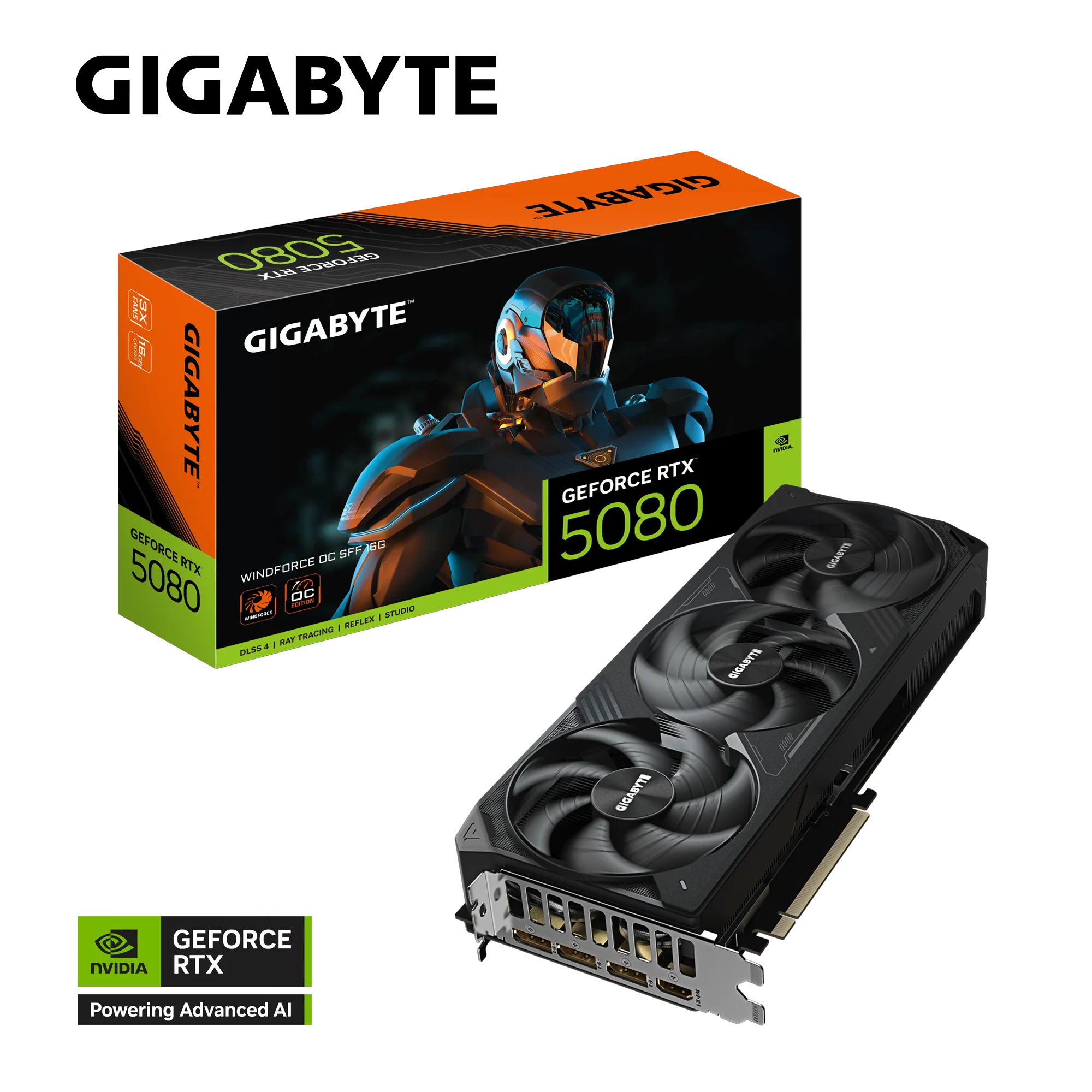 ვიდეო ბარათი GIGABYTE GeForce RTX™ 5080 WINDFORCE OC SFF 16G (GV-N5080WF3OC-16GD) | 2670 MHz (Reference: 2617 MHz) | DisplayPort 2.1b x3 HDMI 2.1b x1 | L=304 W=126 H=50 mm