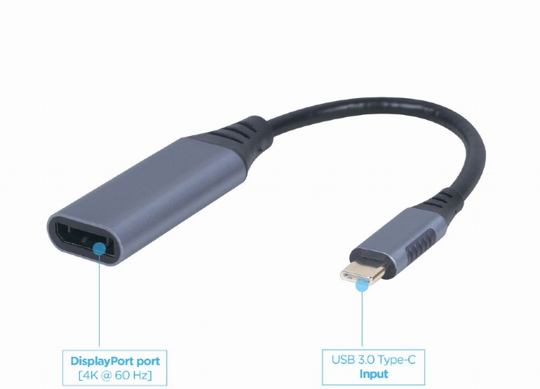 ადაპტერი Gembird USB Type-C 3.0 male to DisplayPort female adapter, space grey (A-USB3C-DPF-01) | up to 4K at 60 Hz | 15 cm ,Dimensions: 36 x 20 x 11 mm , Net weight: 21 g