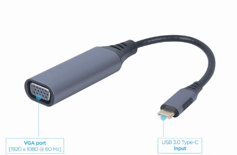 ადაპტერი Gembird USB 3.0 Type-C to VGA video adapter cable (A-USB3C-VGA-01	) | up to 1080p at 60 Hz | 15 cm , Dimensions: 48 x 25 x 15 mm , Net weight: 20 g