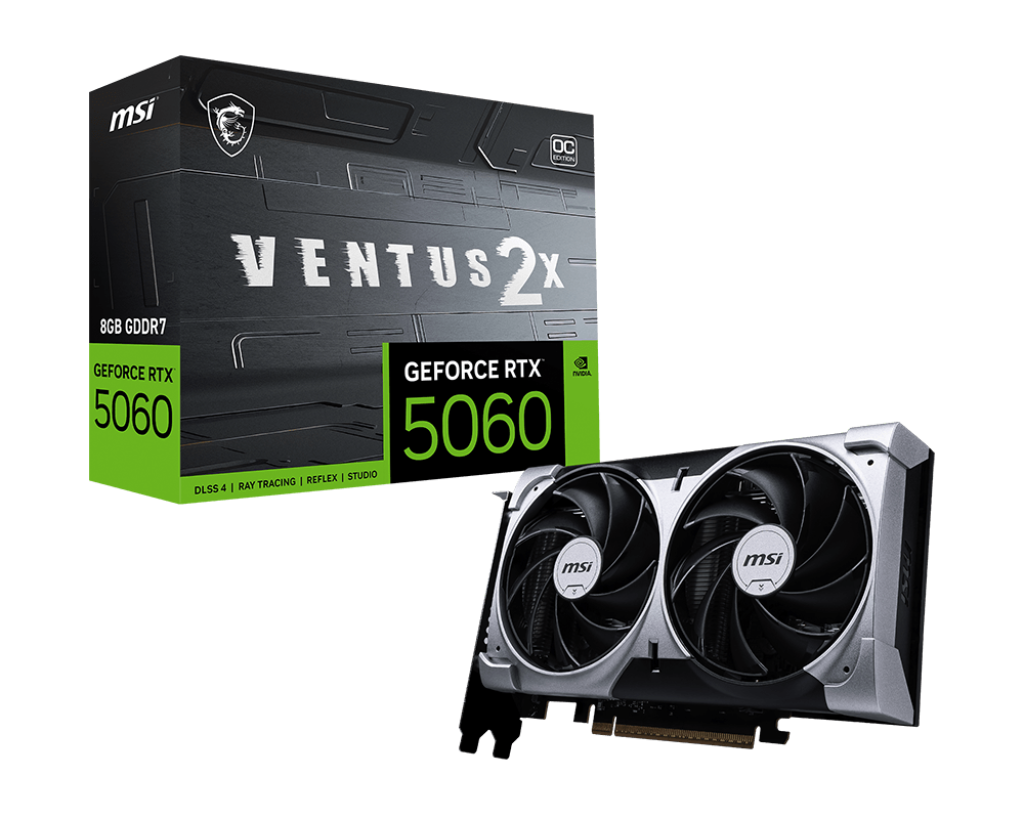 ვიდეო ბარათი MSI GeForce RTX™ 5060 8G VENTUS 2X OC (912-V537-002) | 2535 MHz (MSI Center) Boost: 2527 MHz | DisplayPort x 3 (v2.1b) HDMI™ x 1 | 197 x 120 x 41 mm