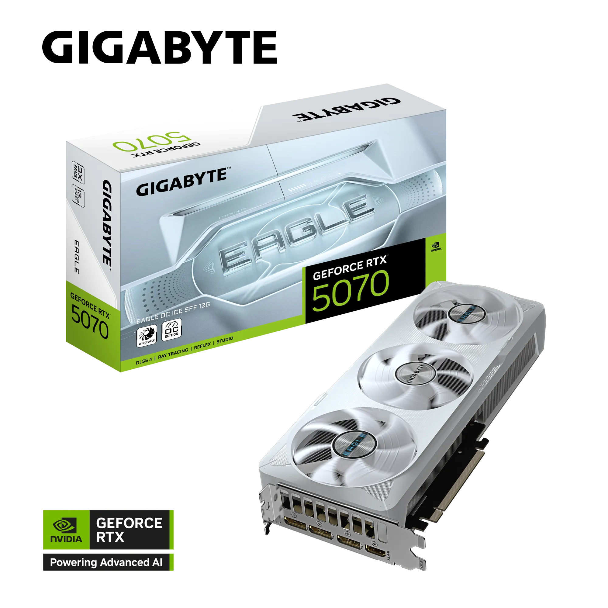 ვიდეო ბარათი GIGABYTE GeForce RTX™ 5070 EAGLE OC ICE SFF 12G (GV-N5070EAGLEOC ICE-12GD) | 2587 MHz (Reference card : 2512 MHz) | DisplayPort 2.1b *3 HDMI 2.1b *1 | L=290 W=120 H=50 mm